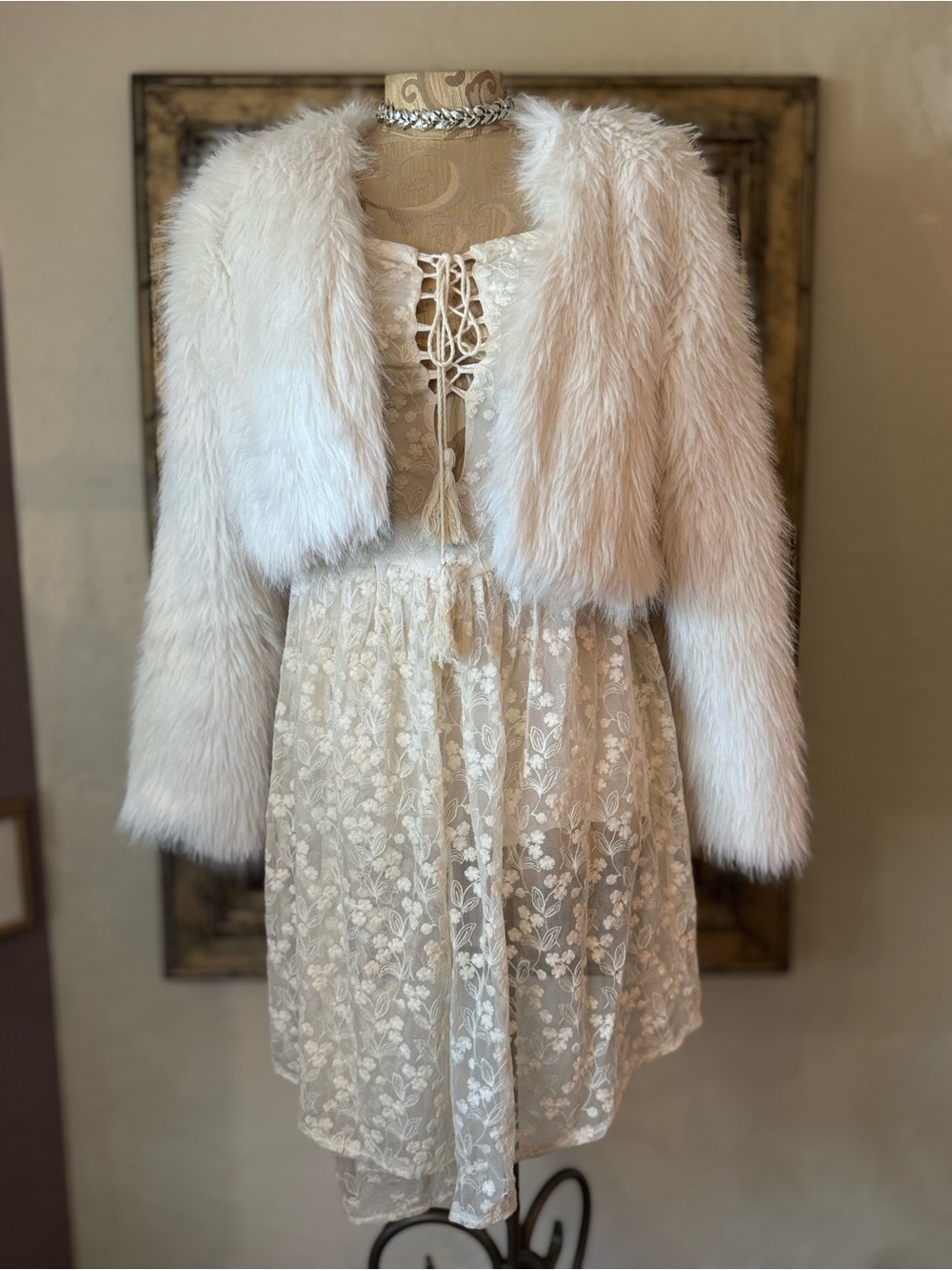 White Cropped Faux Fur coat